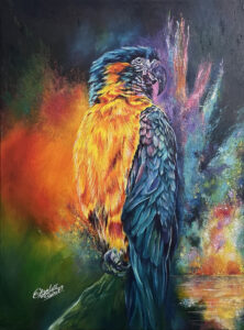 Blue and yellow tropical macaw 18”x24” Mixed technique, oil, acrylic, pointillism and palette knife 2024