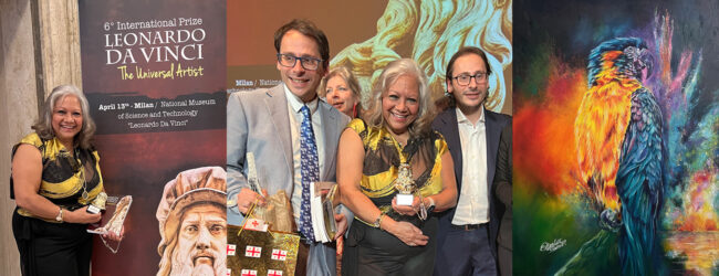 Con los curadores del Premio Internacional Leonardo Da Vinci y la obra de la Guacamaya en técnica mixta